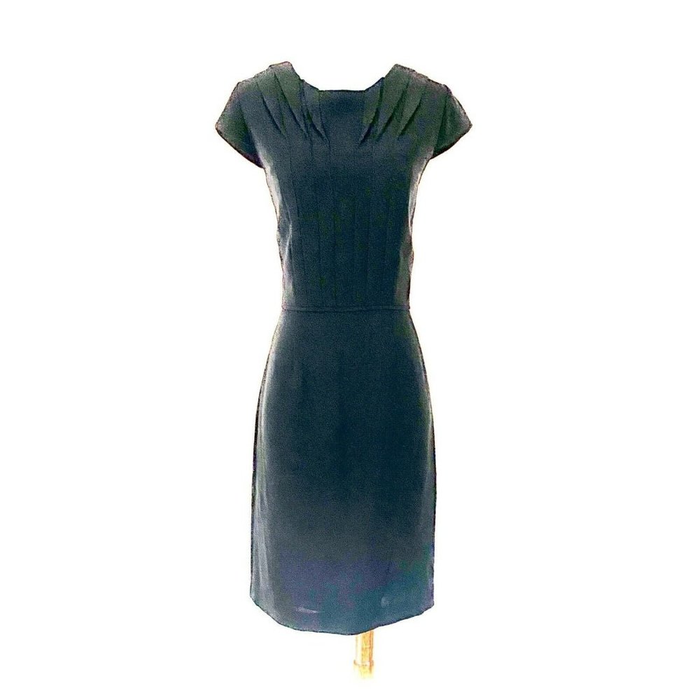 Tahari Cap Sleeve Pleated Seam Bodice Black Dress - Picture 2 of 7